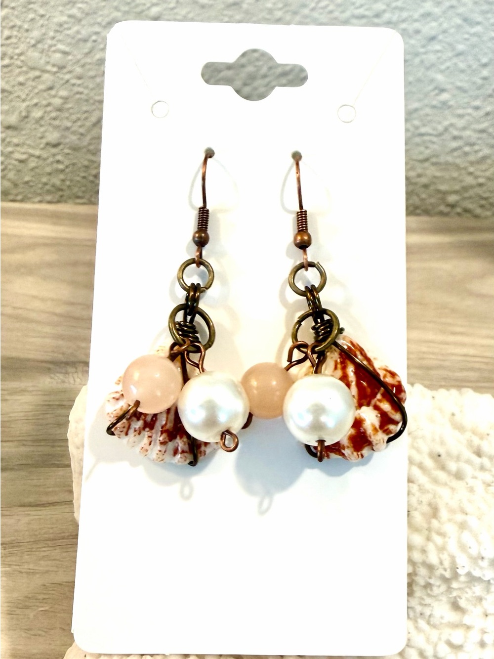 43. Fall Vibes!🍁🍂🍃 Delicate Shell and Pearl Dangle Earrings with pink opal beads